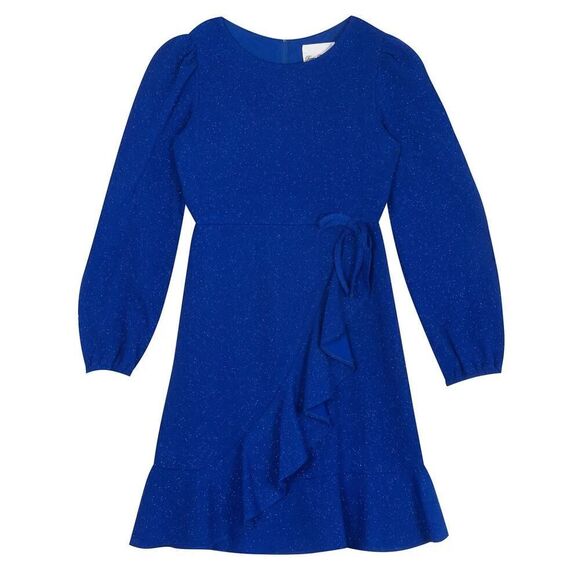 Rare Editions Big Girls Blue Long Sleeve Glitter Knit‎ Faux Wrap Dress Size 8 - Picture 1 of 7